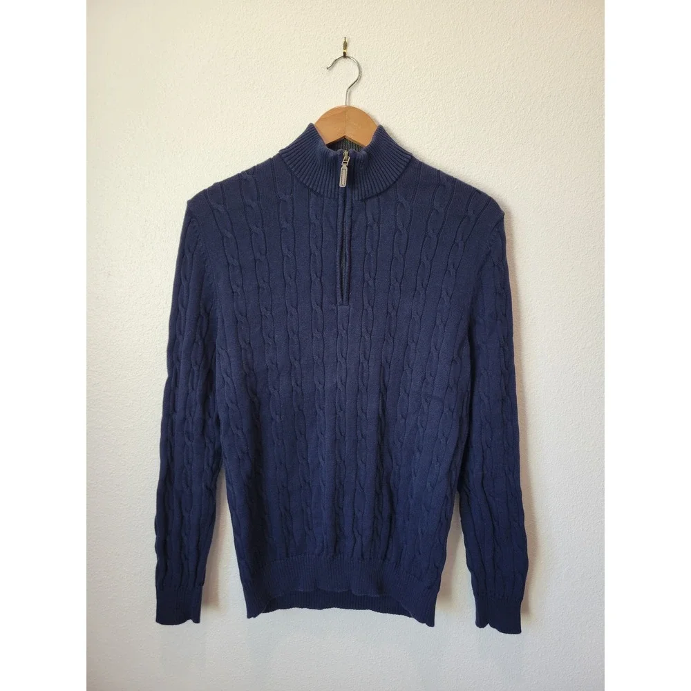 Club Room Cable Knit Quarter Zip Sweater Men's Medium Navy 100% Cotton Preppy